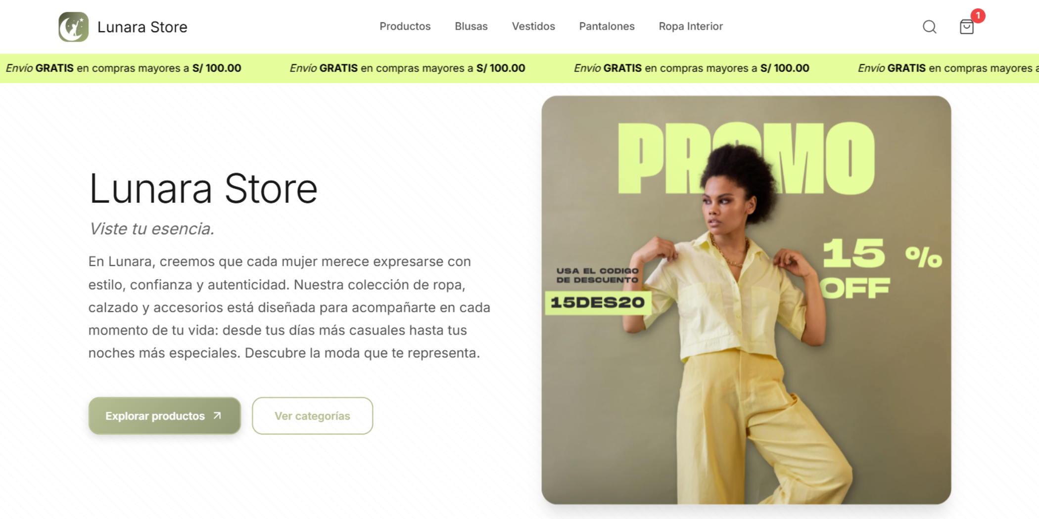 Lunara Store - Moda y accesorios - Vista desktop